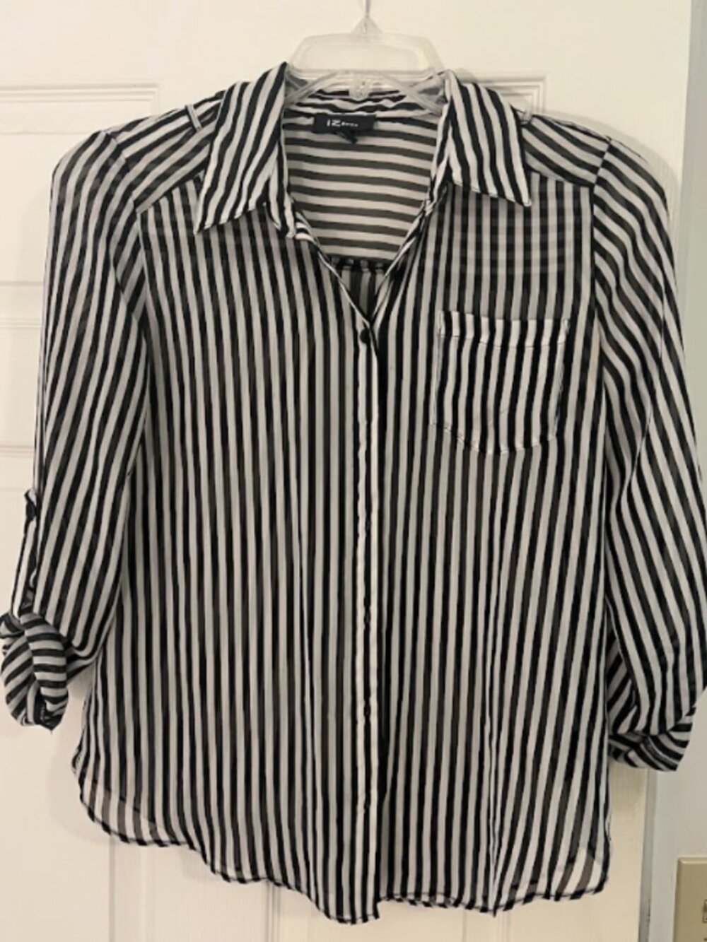 IZ Byer striped Black and White Blouse size M Button up sleeve Sheer Top